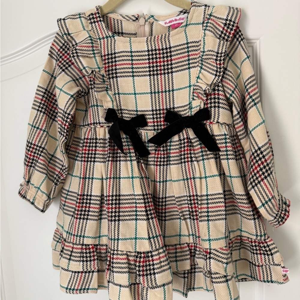 Ruffle Butts Cream Plaid Dress with Black Velvet Bows